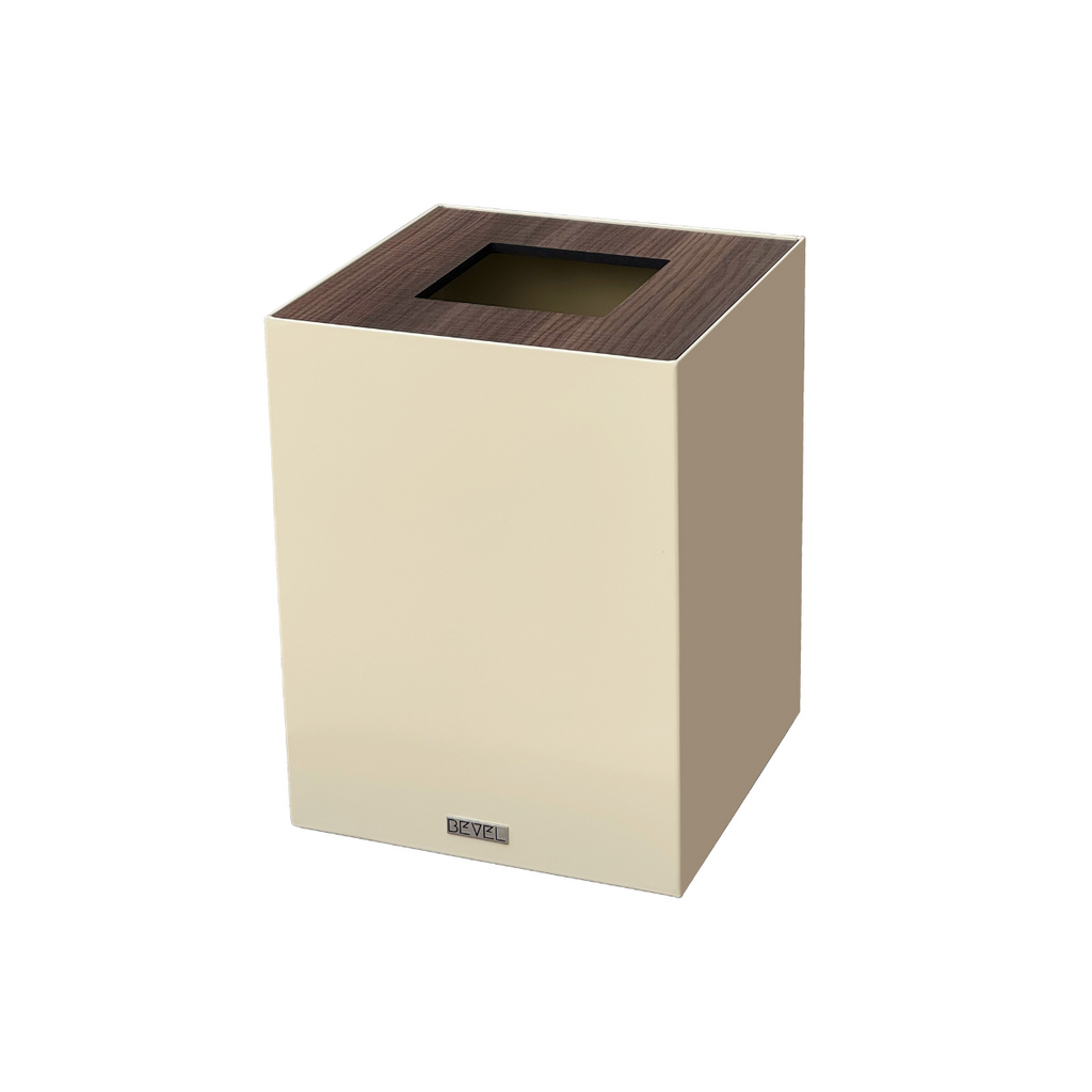 Beige Metal with Wooden Lid Waste Bin