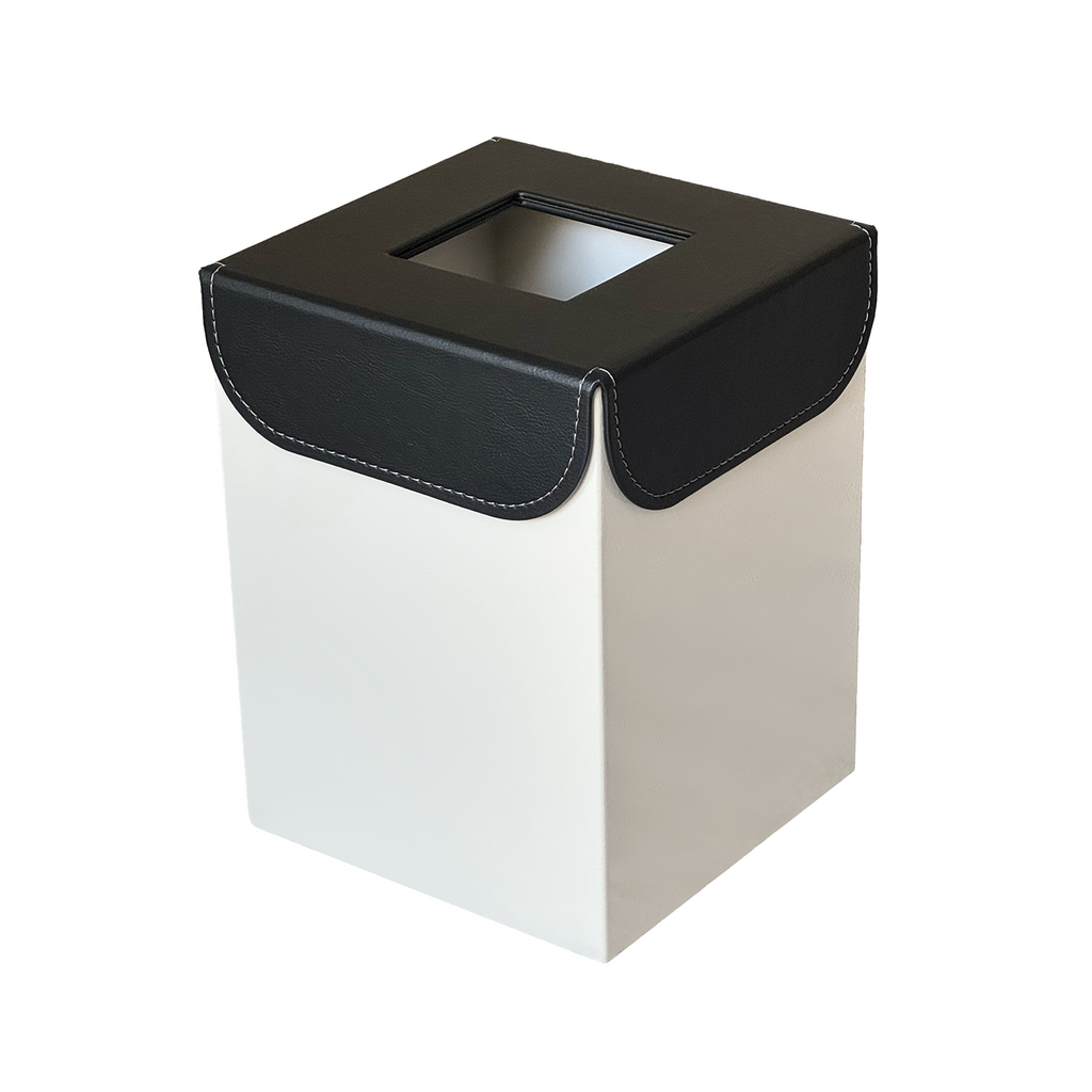 Off-White Metal with Leather Lid Waste Bin