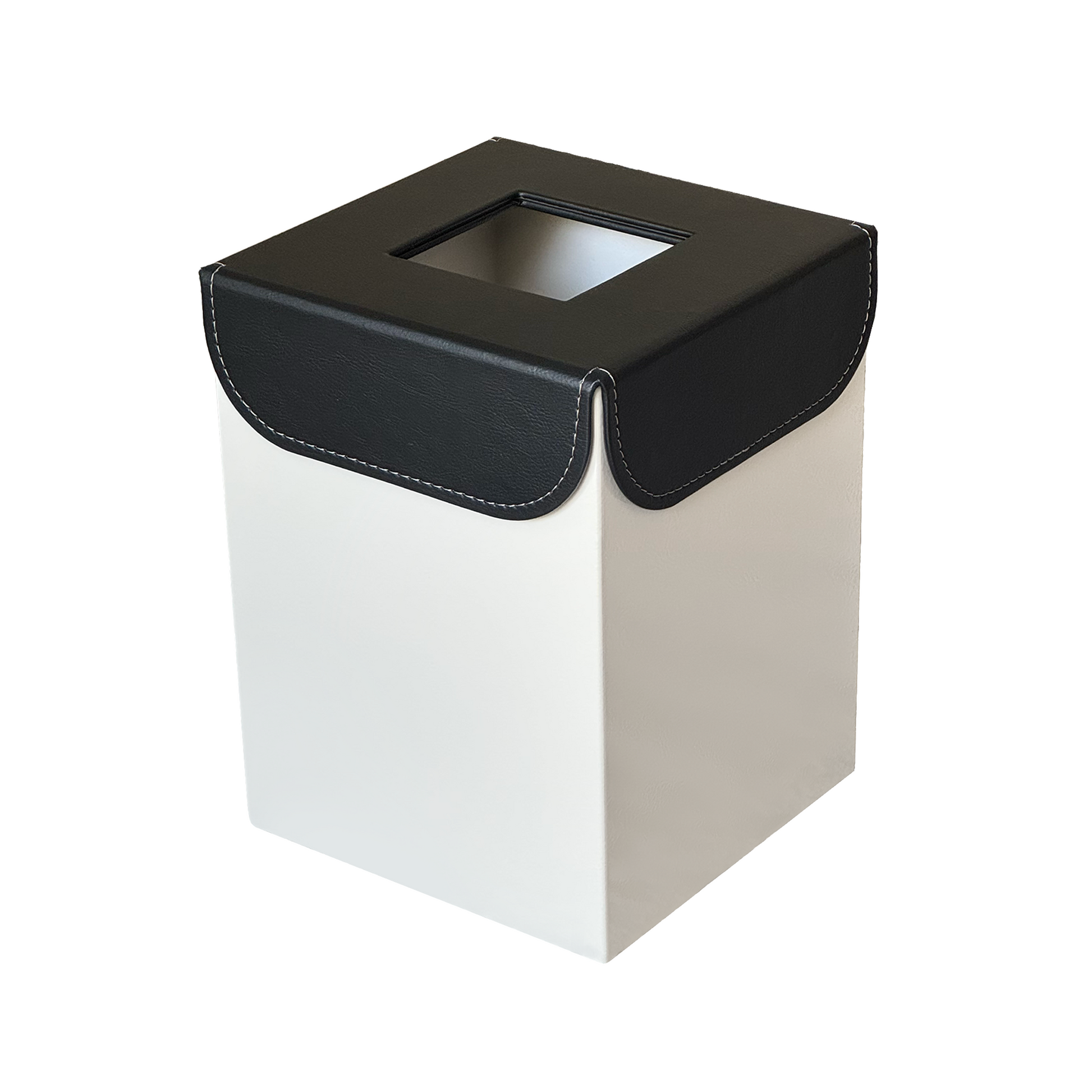 Off-White Metal with Leather Lid Waste Bin