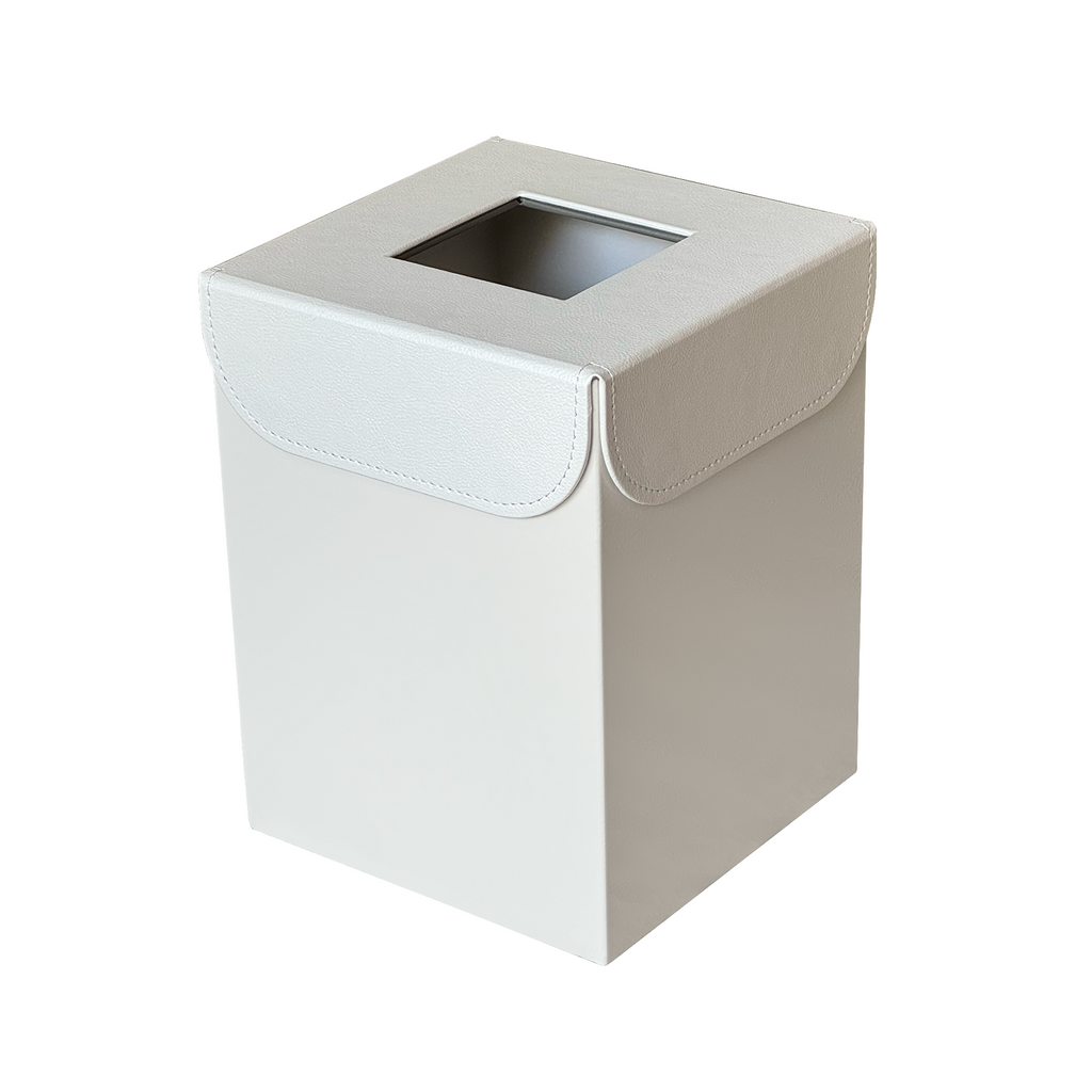Off-White Metal with Leather Lid Waste Bin
