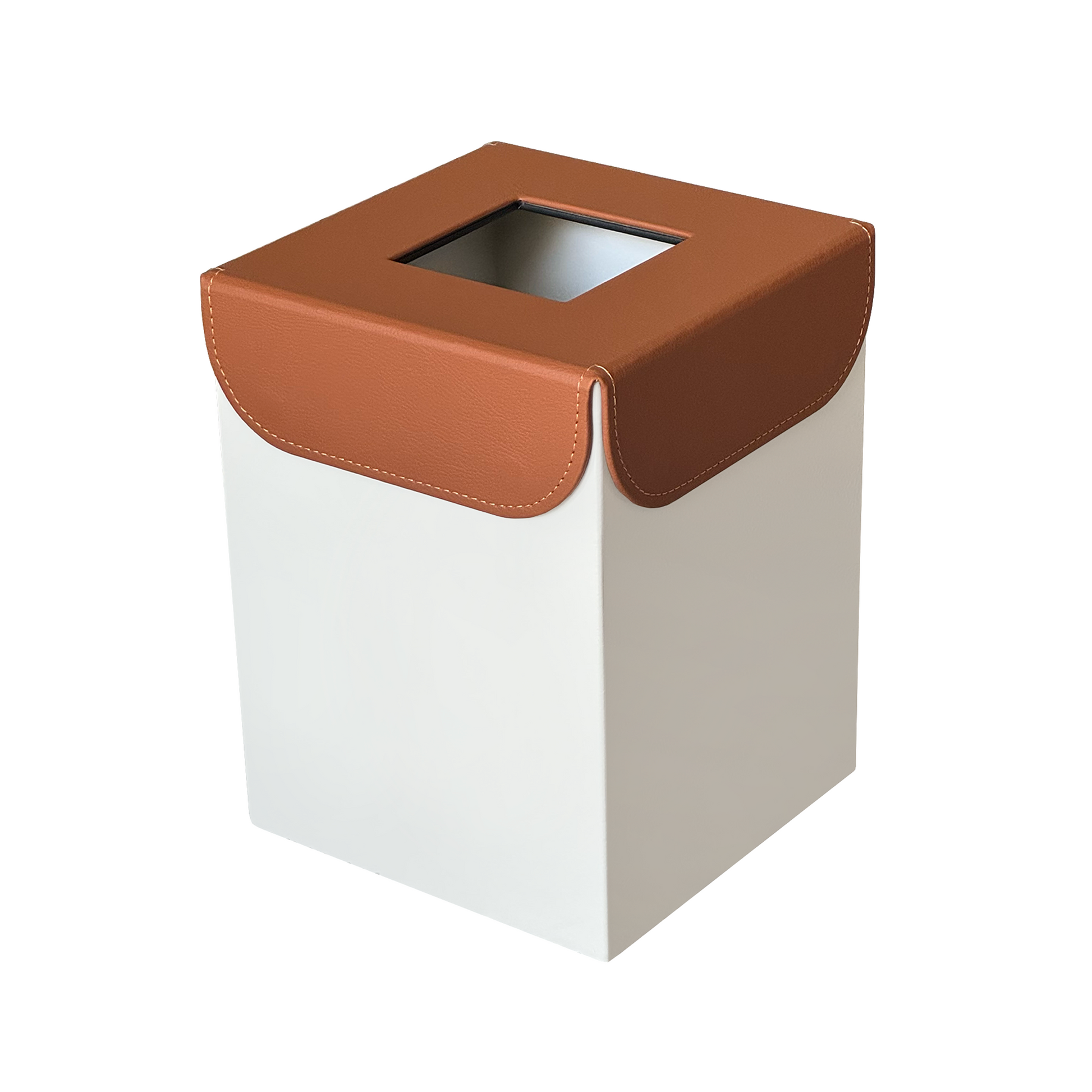 Off-White Metal with Leather Lid Waste Bin